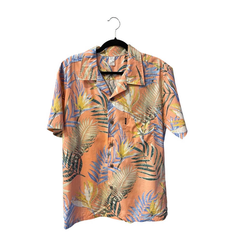 Palmwave Hawaii Mens Orange Tropical Bird of Paradise Cotton Aloha Shirt Medium
